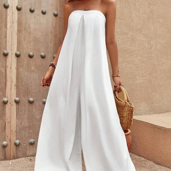 White Boho Womens Solid Tie Back Tube Wide Leg Jumpsuit - Picture 1 of 5
